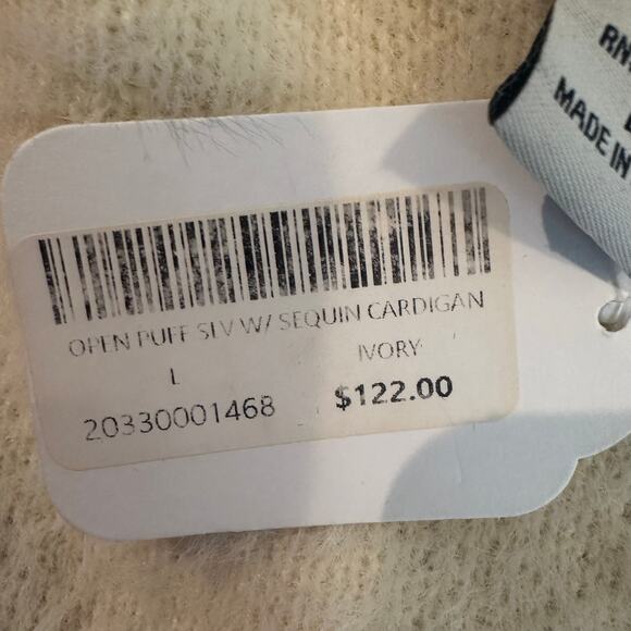 Rain + Rose Cream Soft Open Puff Sleeve with Sequin Cardigan sz L $122 orig NWT - Picture 10 of 11